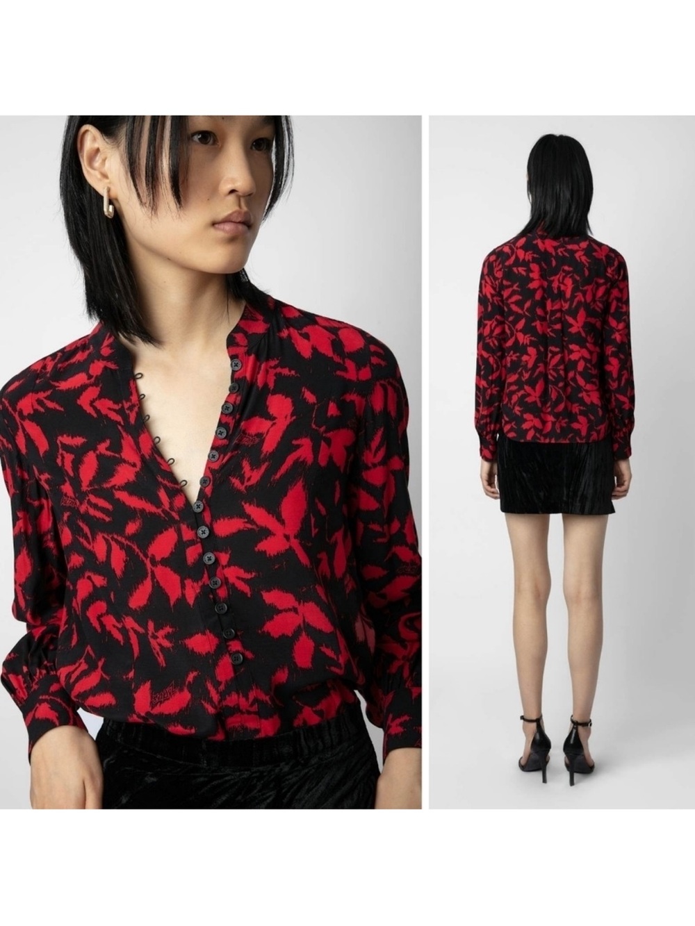 ZADIG & VOLTAIRE TWINA RED BLACK CREPE BLOUSE BUTTON UP GREAT COND M